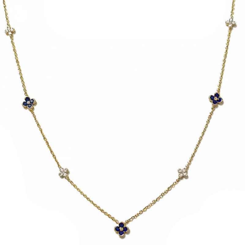 18ct Yellow Gold Fine Diamond and Blue Sapphire Four Leaf Clover Necklet