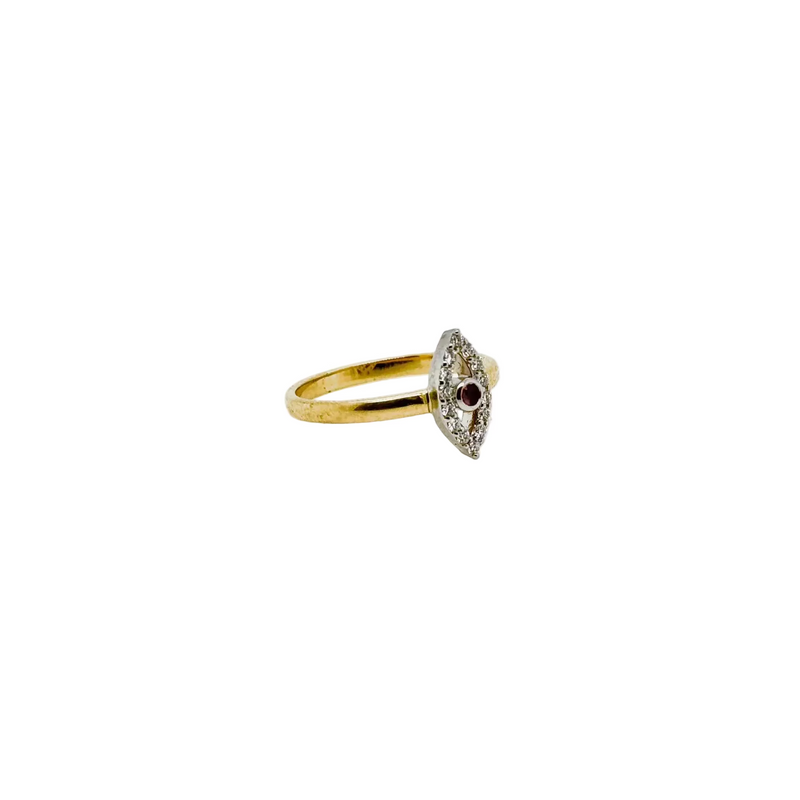18ct Yellow And White Gold Small Ruby and Marquise Diamond Halo Ring