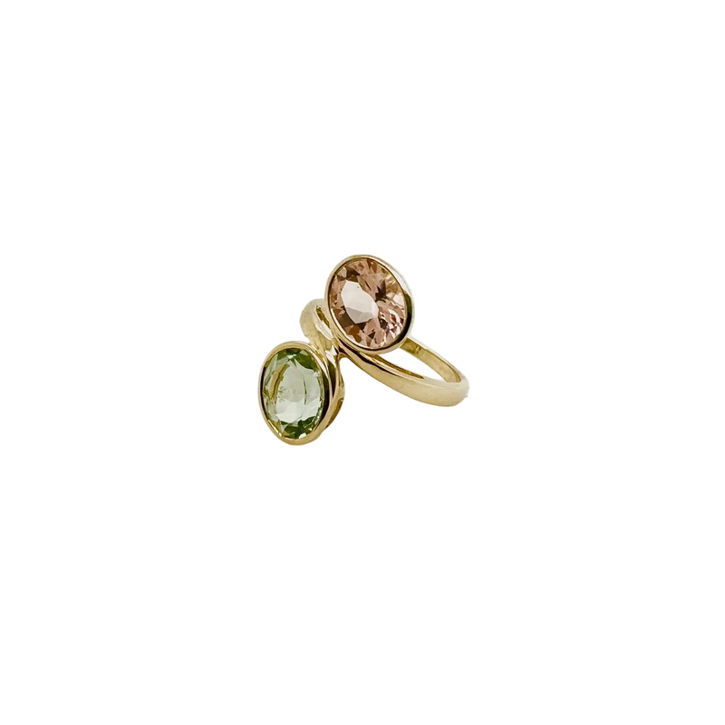9ct Yellow Gold Oval Green Amethyst and Oval Morganite Ring