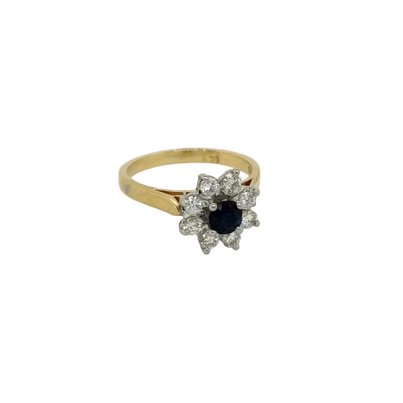 18ct Yellow and White Blue Sapphire and Diamond Cluster Ring