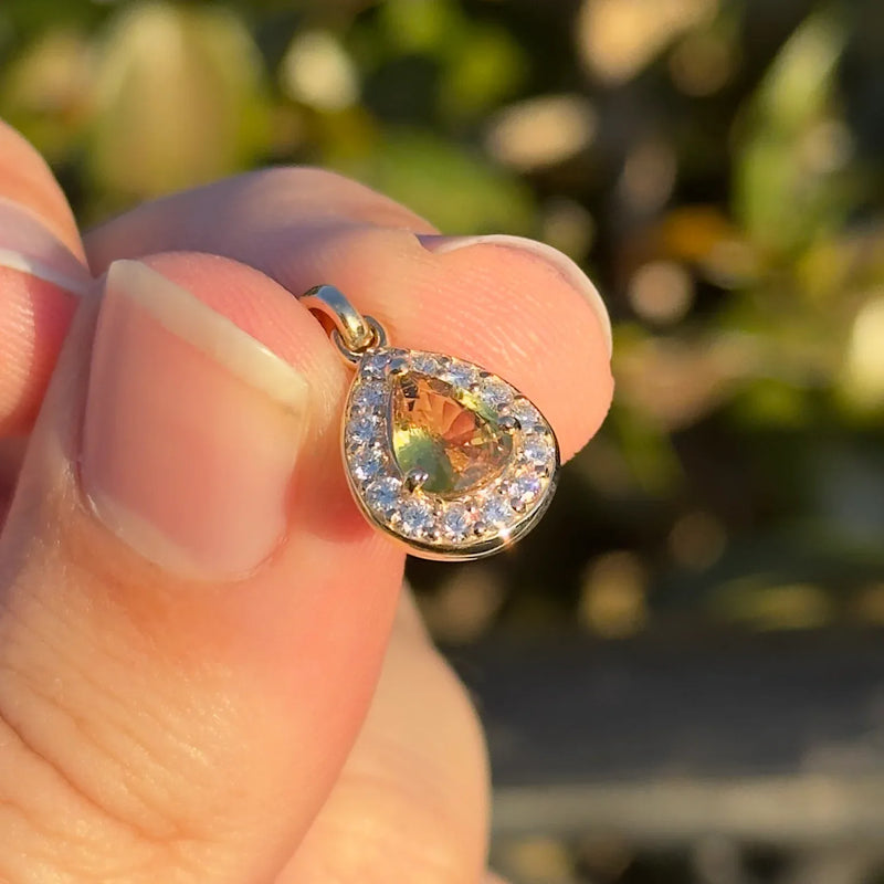 14ct Yellow Gold Pear Shaped Yellow Sapphire Pendant with Diamond Halo
