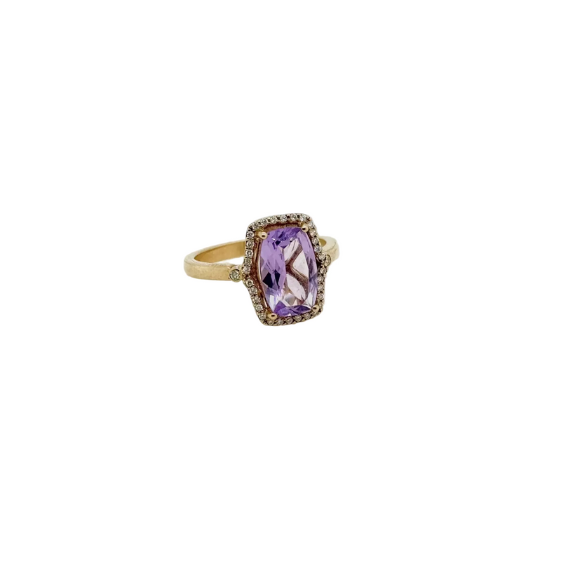 9ct Yellow Gold Amethyst and Diamond Halo Ring