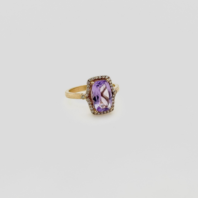 9ct Yellow Gold Amethyst and Diamond Halo Ring