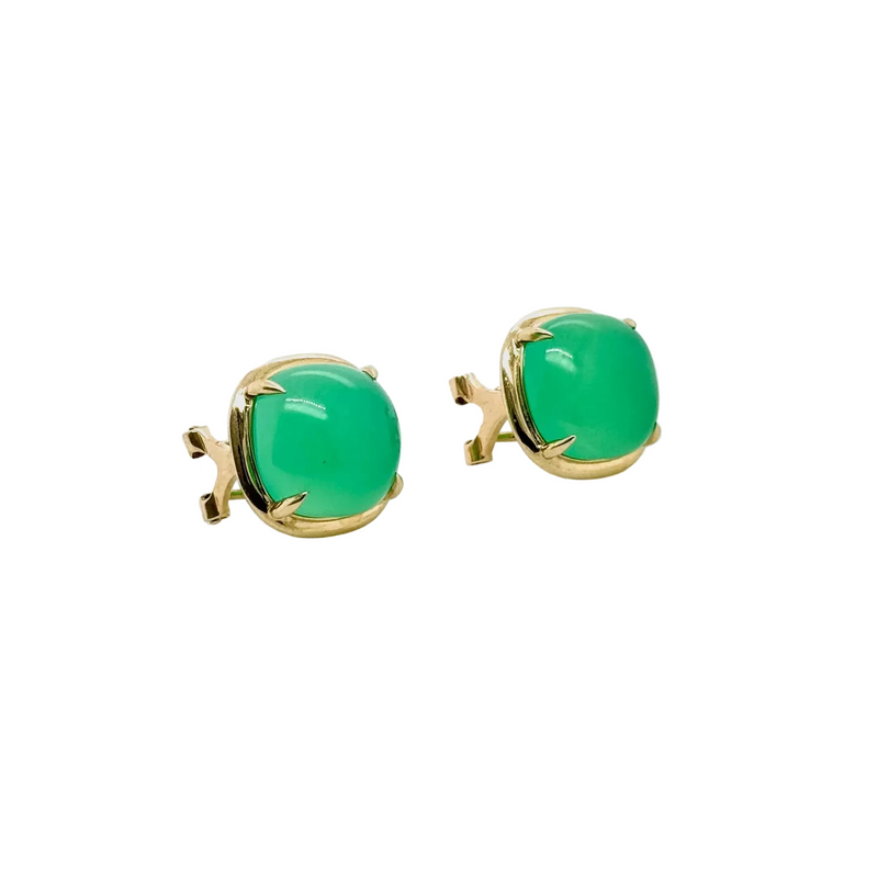 14ct Yellow Gold Cushion Shaped Chrysoprase Post and Clip Earrings