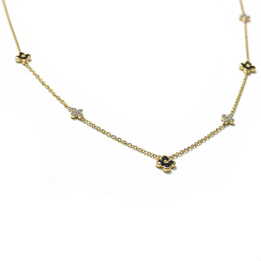 18ct Yellow Gold Fine Diamond and Blue Sapphire Four Leaf Clover Necklet
