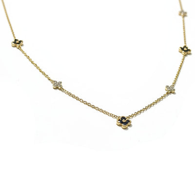 18ct Yellow Gold Fine Diamond and Blue Sapphire Four Leaf Clover Necklet
