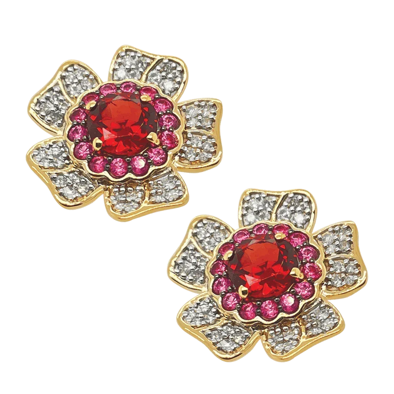 9ct Yellow Gold Garnet, Pink Sapphire and Diamond Studs
