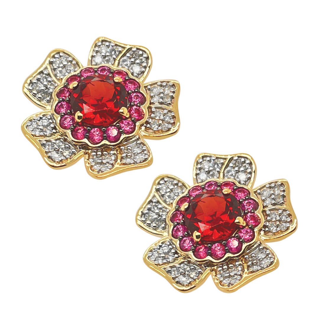 9ct Yellow Gold Garnet, Pink Sapphire and Diamond Studs