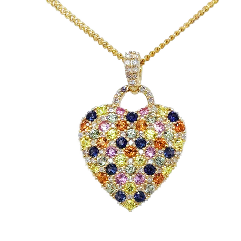 9ct Yellow Gold Multi-Coloured Sapphire and Diamond Heart Enhancer Pendant