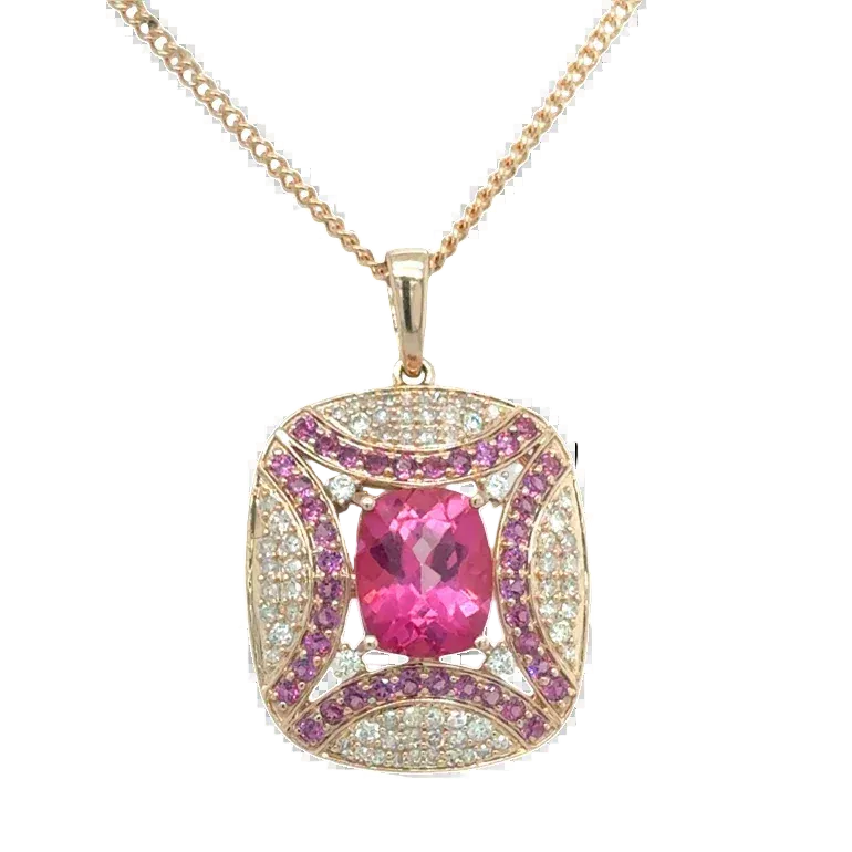 9ct Yellow Gold Pink Topaz, Rhodolite and Diamond Enhancer Pendant