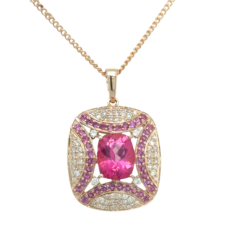 9ct Yellow Gold Pink Topaz, Rhodolite and Diamond Enhancer Pendant