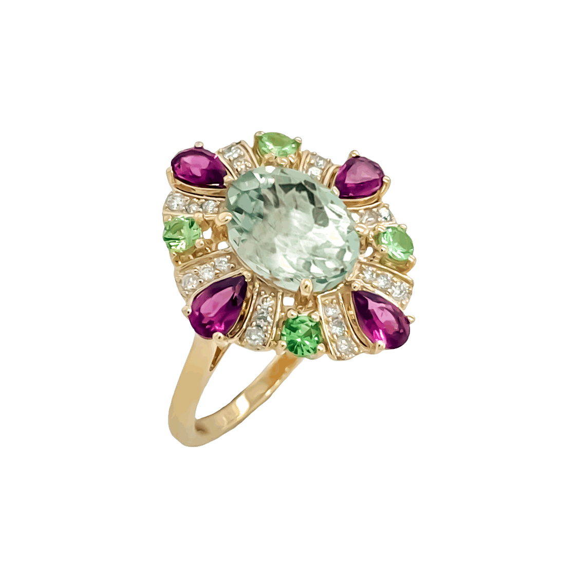 9ct Yellow Gold Green Amethyst, Rhodolite Garnet, Tsavorite Garnet and Diamond Ring