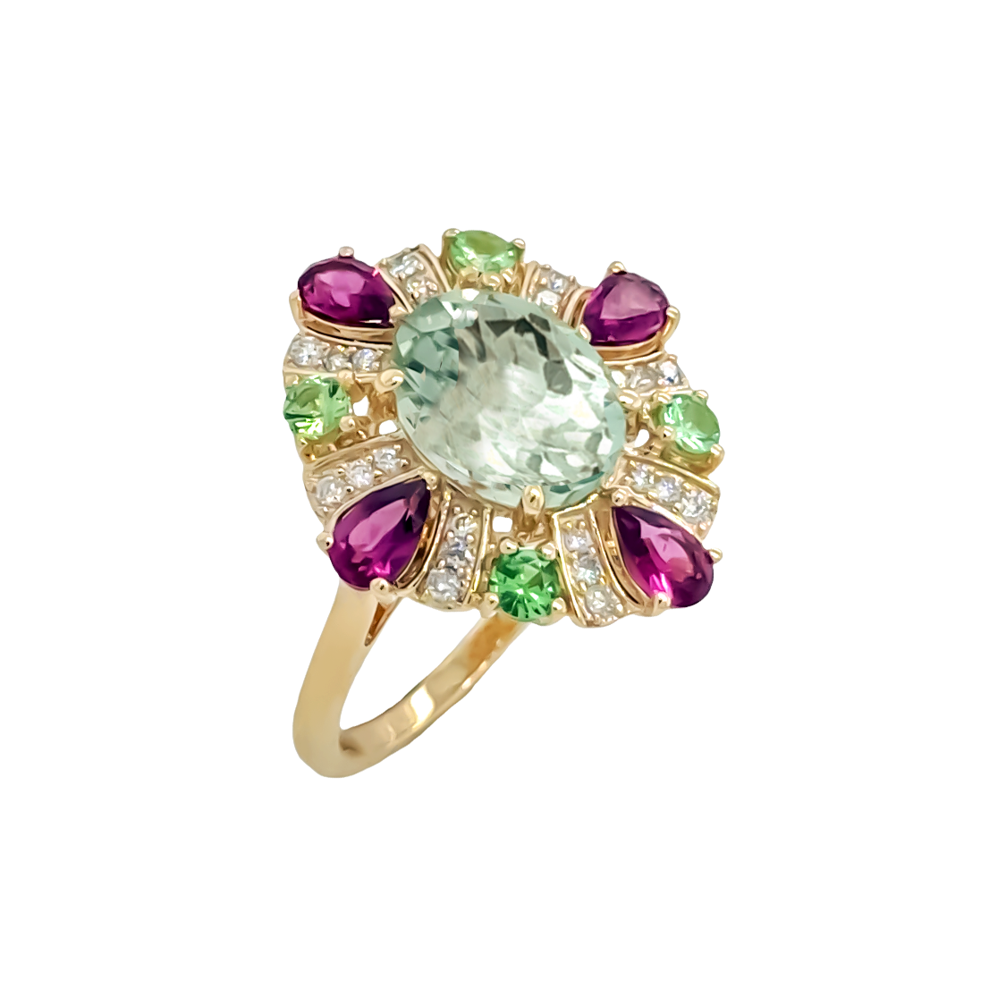 9ct Yellow Gold Green Amethyst, Rhodolite Garnet, Tsavorite Garnet and Diamond Ring