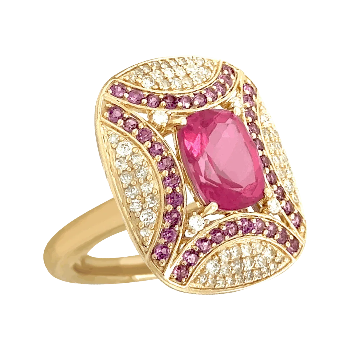 9ct Yellow Gold Pink Topaz, Rhodolite Garnet and Diamond Ring