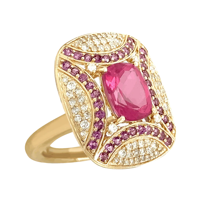 9ct Yellow Gold Pink Topaz, Rhodolite Garnet and Diamond Ring