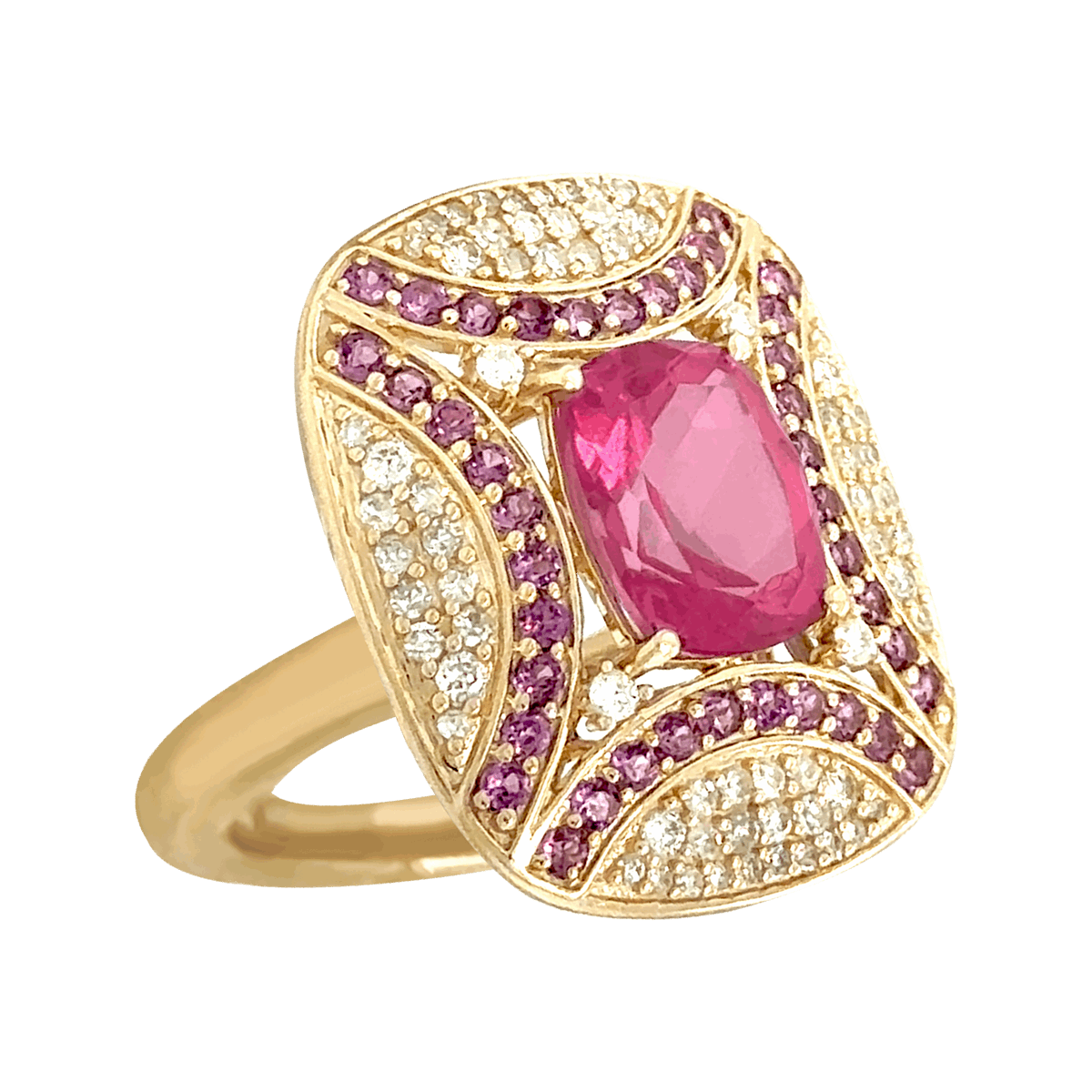 9ct Yellow Gold Pink Topaz, Rhodolite Garnet and Diamond Ring