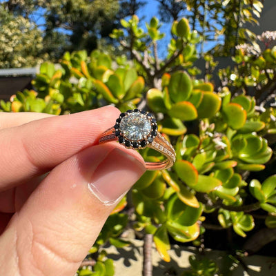 14ct Rose Gold Moissanite and Black and White Diamond Ring