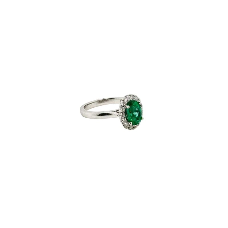 18ct White Gold Emerald and Diamond Halo Ring