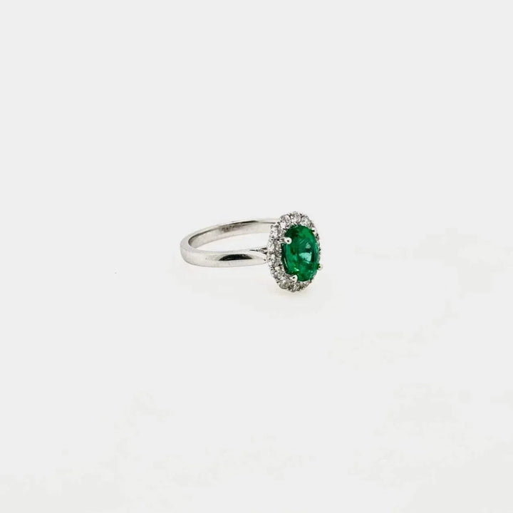 18ct White Gold Emerald and Diamond Halo Ring – Wild Trout Jewellery
