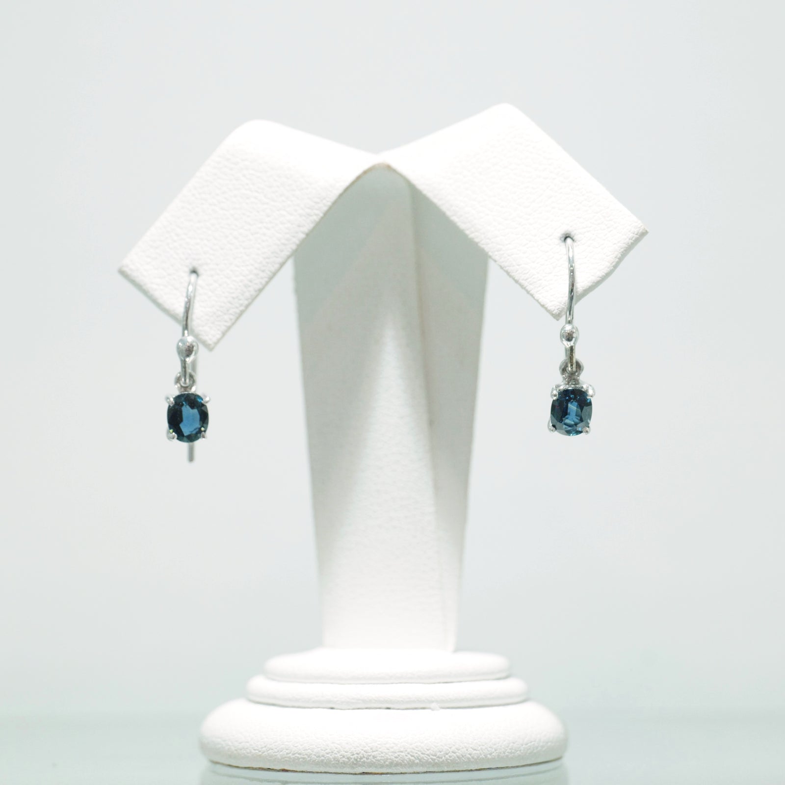 9ct White Gold Oval Blue Sapphire Shephard Hook Earrings