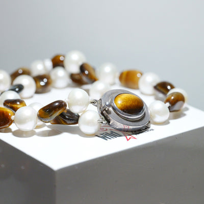 Tigers Eye and Pearl Double Strand Bracelet with Large Tigers Eye Silver Clasp