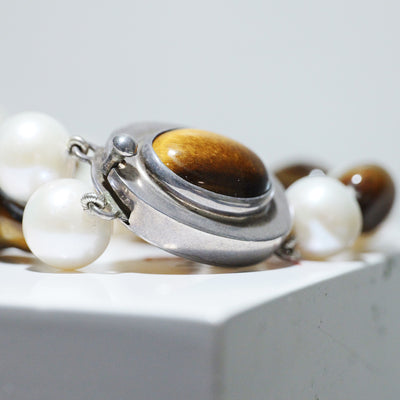 Tigers Eye and Pearl Double Strand Bracelet with Large Tigers Eye Silver Clasp