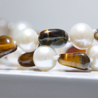 Tigers Eye and Pearl Double Strand Bracelet with Large Tigers Eye Silver Clasp