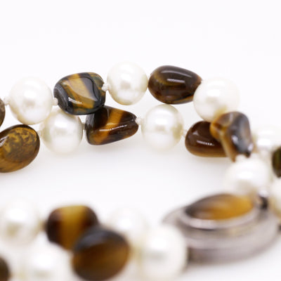 Tigers Eye and Pearl Double Strand Bracelet with Large Tigers Eye Silver Clasp