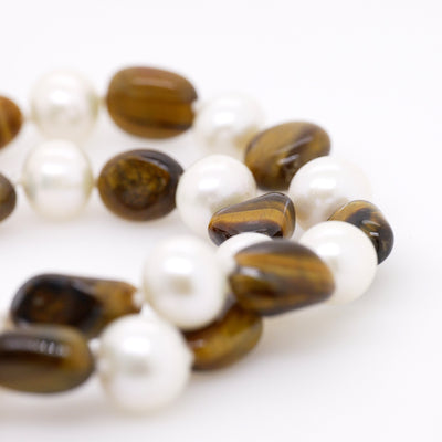 Tigers Eye and Pearl Double Strand Bracelet with Large Tigers Eye Silver Clasp