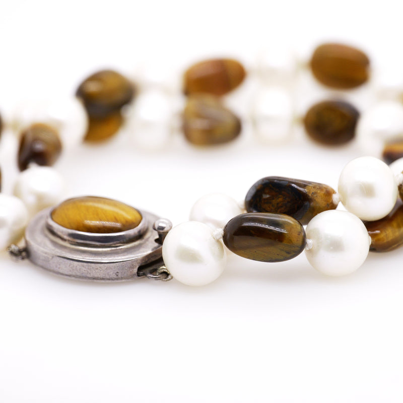 Tigers Eye and Pearl Double Strand Bracelet with Large Tigers Eye Silver Clasp