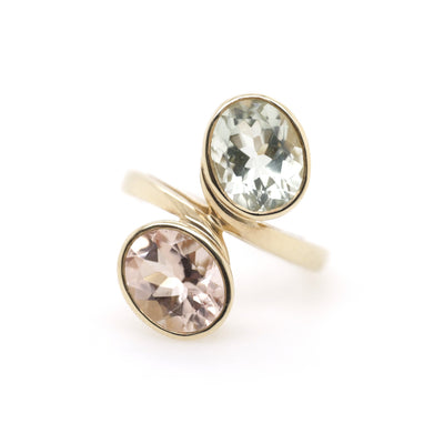 9ct Yellow Gold Oval Green Amethyst and Oval Morganite Ring