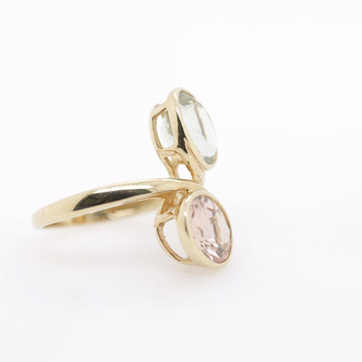 9ct Yellow Gold Oval Green Amethyst and Oval Morganite Ring