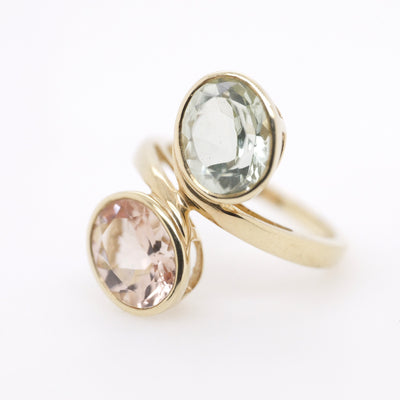 9ct Yellow Gold Oval Green Amethyst and Oval Morganite Ring