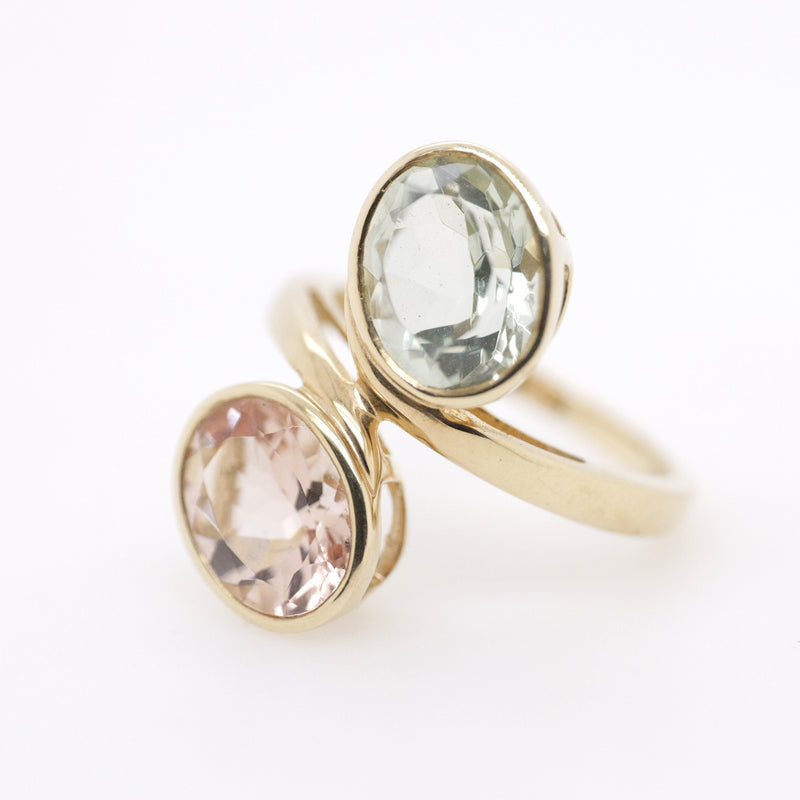 9ct Yellow Gold Oval Green Amethyst and Oval Morganite Ring
