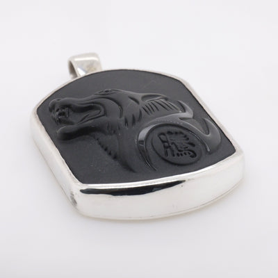 Sterling Silver Handmade Black Obsidian Carved Wolf Head Pendant