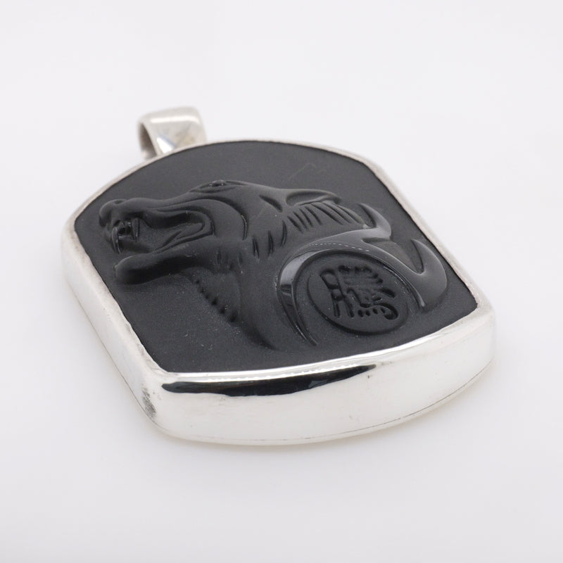 Sterling Silver Handmade Black Obsidian Carved Wolf Head Pendant