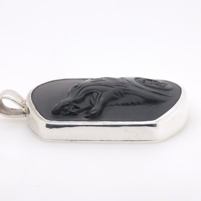 Sterling Silver Handmade Black Obsidian Carved Wolf Head Pendant