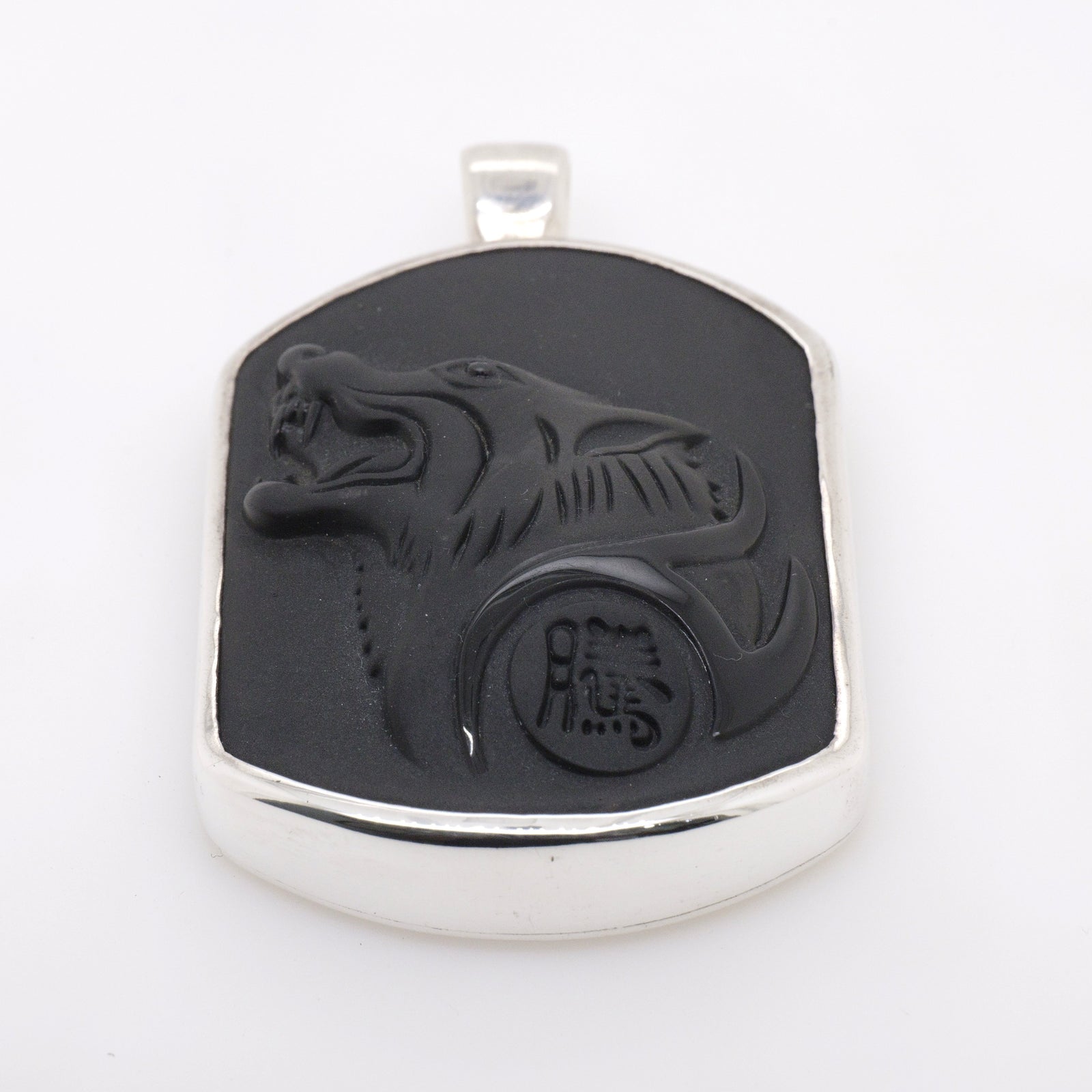 Sterling Silver Handmade Black Obsidian Carved Wolf Head Pendant