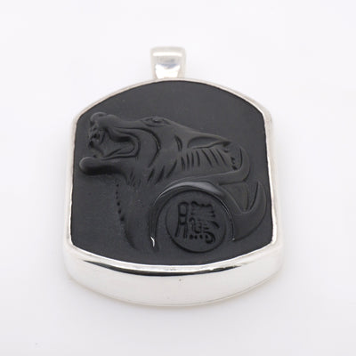 Sterling Silver Handmade Black Obsidian Carved Wolf Head Pendant