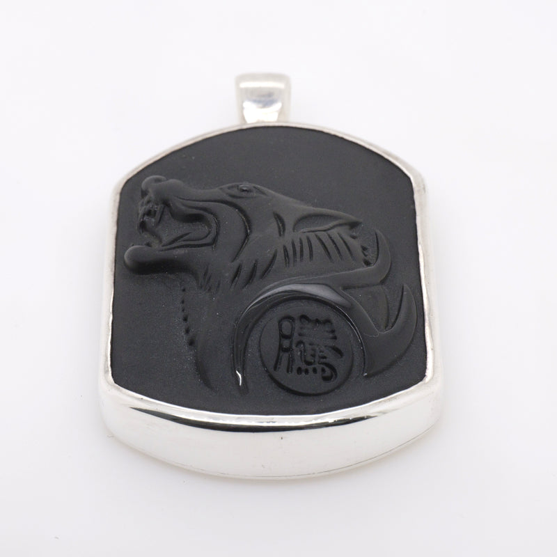 Sterling Silver Handmade Black Obsidian Carved Wolf Head Pendant