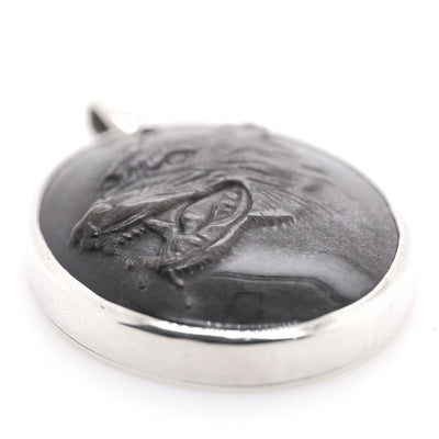 Sterling Silver Handmade Large Oval Carved Wolf Pendant