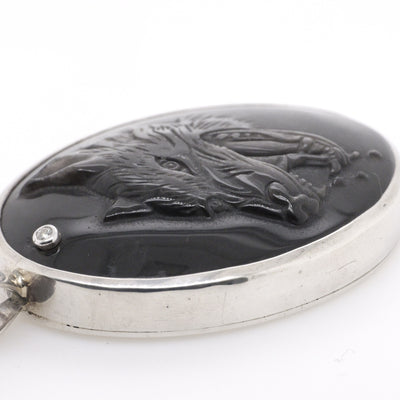 Sterling Silver Handmade Large Oval Carved Wolf Pendant