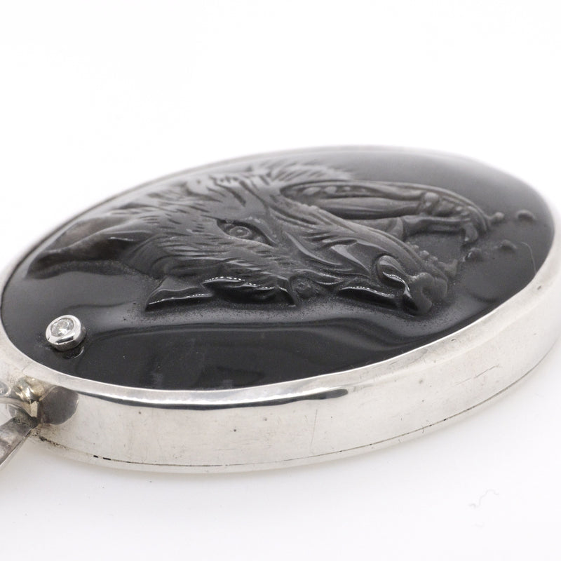 Sterling Silver Handmade Large Oval Carved Wolf Pendant