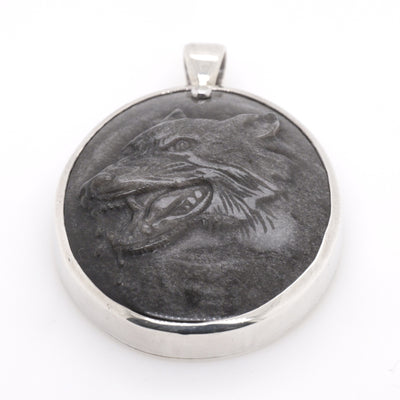 Sterling Silver Handmade Large Oval Carved Wolf Pendant