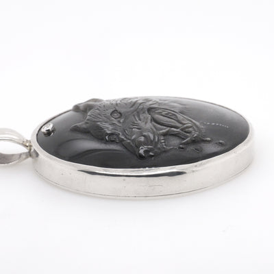 Sterling Silver Handmade Large Oval Carved Wolf Pendant