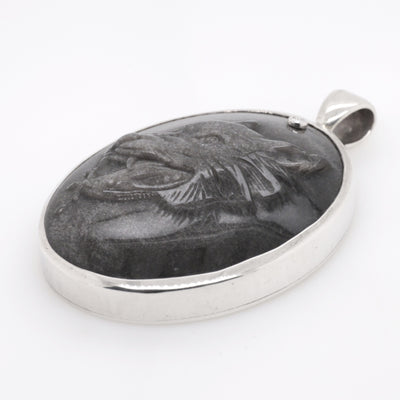 Sterling Silver Handmade Large Oval Carved Wolf Pendant