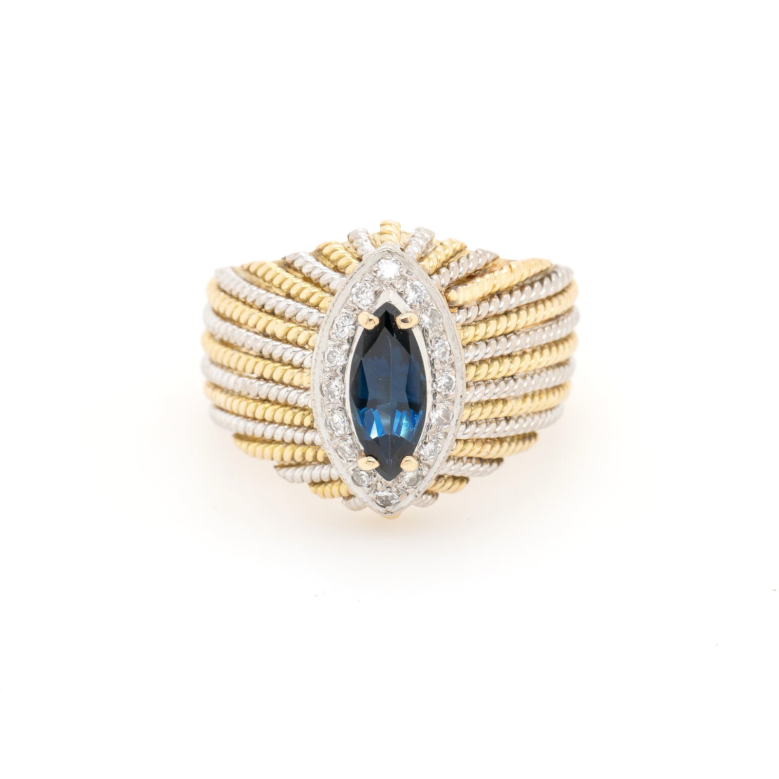 18ct Two-Tone Marquise Blue Sapphire and Diamond Ring