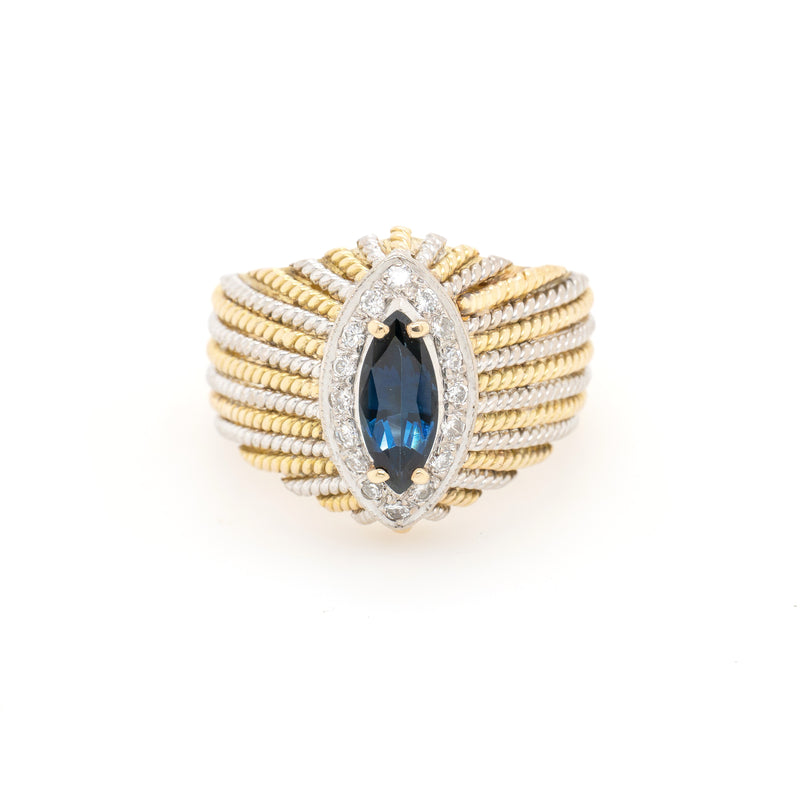 18ct Two-Tone Marquise Blue Sapphire and Diamond Ring