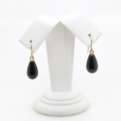 9ct Yellow Gold Onyx Pear Drop Shepherd Hook Earrings