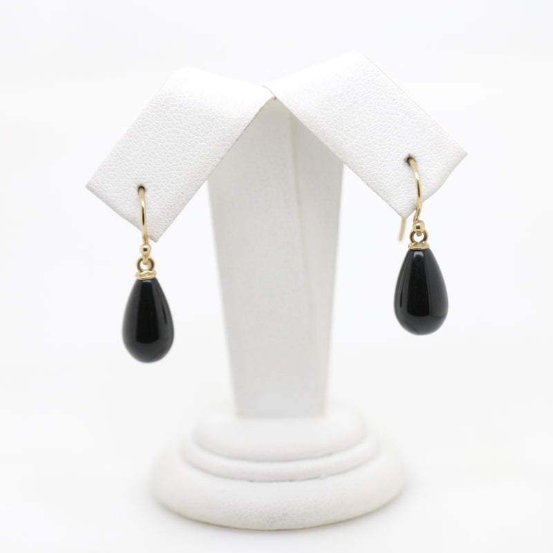 9ct Yellow Gold Onyx Pear Drop Shepherd Hook Earrings